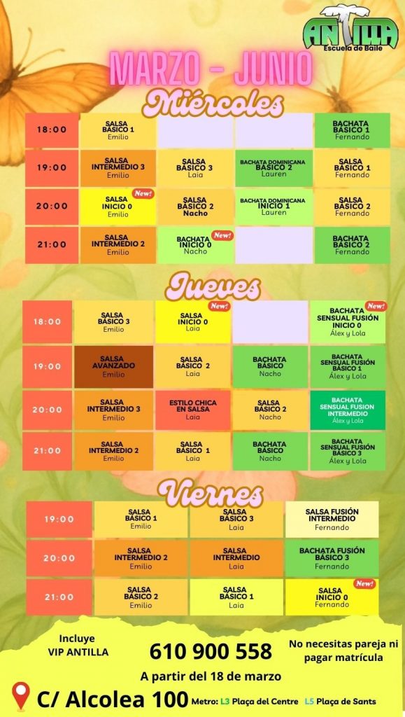 horario de clases de bachata y salsa en antilla escuela de baile