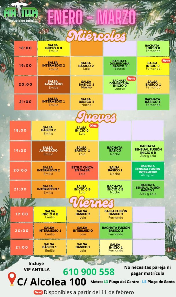 horario de clases de bachata y salsa en antilla escuela de baile